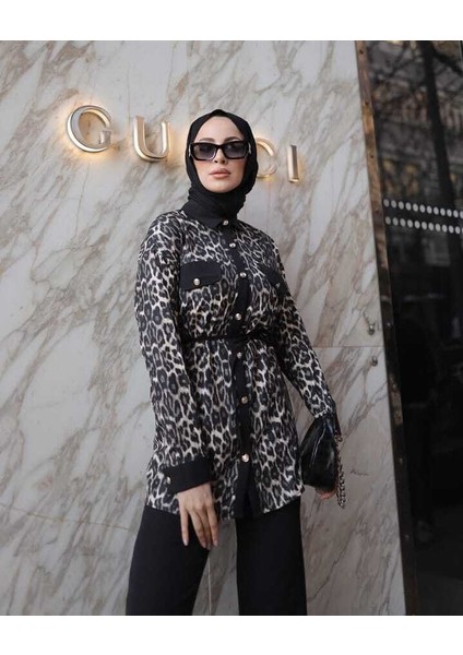 Buse Kadın Kahverengi Leopar Ispanyol Paça Desenli Saten Ikili Takım BUSE-5109