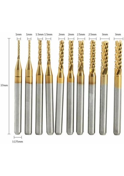 Pcb Mini Karbür Freze Kesici 1.0-3.0mm 10 Lu Set 3.175MM Shank