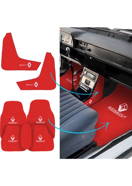 Renault 12 Toros Nakışlı Kırmızı Araç Oto Halı Paspas | Torpido Vites Orta Konsol Yan Kaplama Halısı