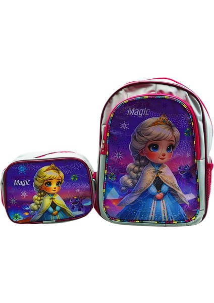 2 Bölmeli Elsa Okul Sırt Çantası ve Beslenme Çantası Gri KOD:1308