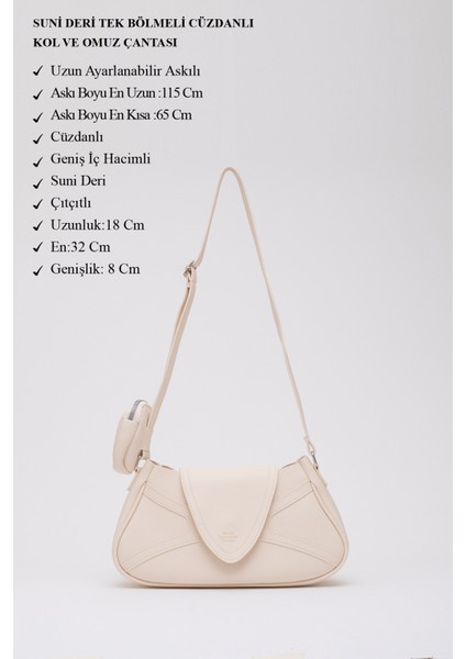 Krem Shk96 Deri Tek Bölmeli Cüzdanlı Kol Ve Omuz Çantası U:18 E:32 G:8 Cm