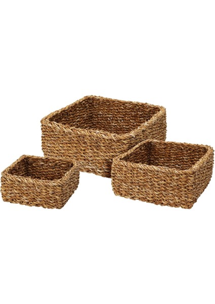 Dekoratif Natural Renk Seagrass Kare Hasır Sepet 3'lü