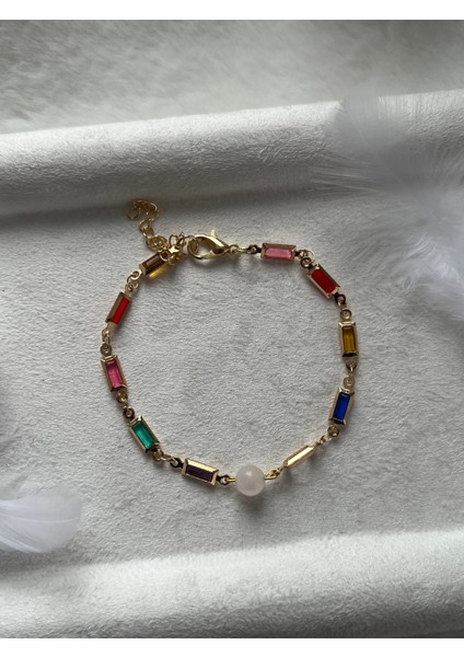 Pembe Kuvars Taşlı Altın Kaplama Bileklik