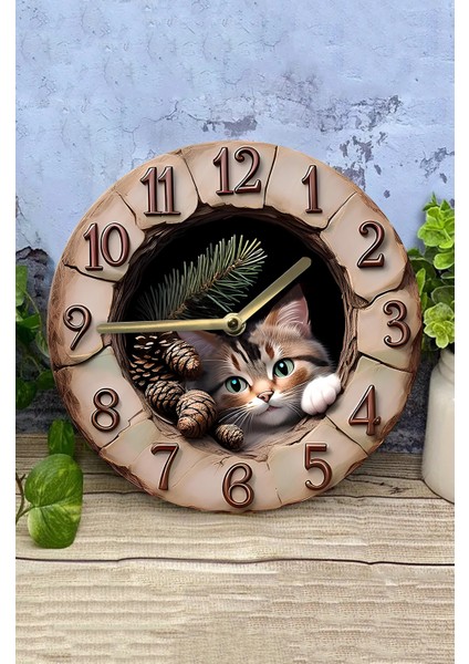 Sessiz Yuvarlak Ahşap Duvar Saati, Kuvars Hareketli 2d Kedi Desen 2d Ahşap Kutulu SDW007