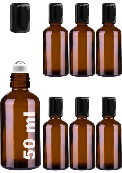 Rom 50 ml Çelik Roll On Şişesi 50 cc Sızdırmaz Siyah Kapaklı Cam Şişe 6 Adet (Amber, 50) Rom