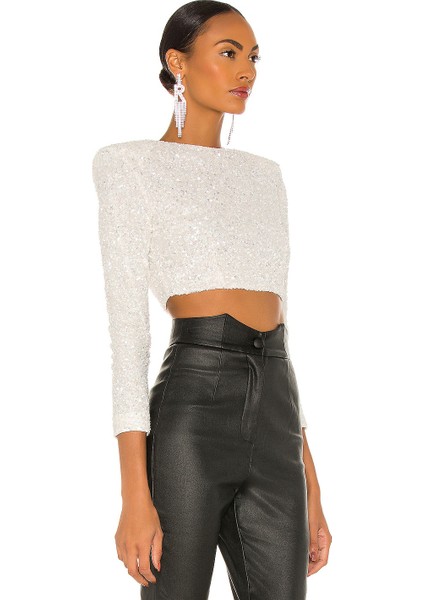 Kadın Janjan Beyaz Içi Astarlı Payet Crop Top