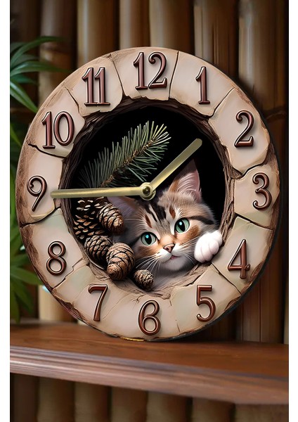 Sessiz Yuvarlak Ahşap Duvar Saati, Kuvars Hareketli 2d Kedi Desen 2d Ahşap Kutulu SDW007