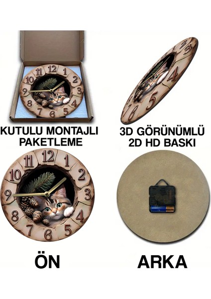 Sessiz Yuvarlak Ahşap Duvar Saati, Kuvars Hareketli 2d Kedi Desen 2d Ahşap Kutulu SDW007