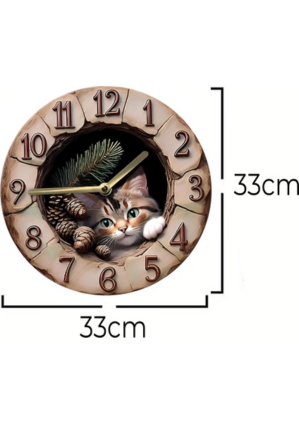 Sessiz Yuvarlak Ahşap Duvar Saati, Kuvars Hareketli 2d Kedi Desen 2d Ahşap Kutulu SDW007