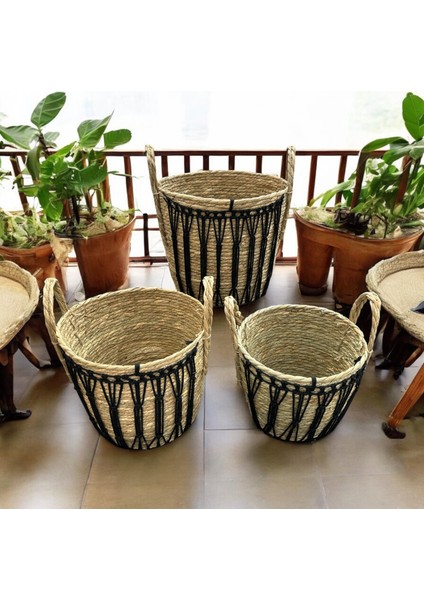 Natelie - 3'lü Hasır Makromeli Sele Saksılık Seti Siyah - 82