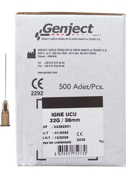 - Enjektör İğne Ucu 38 mm Siyah 22G - 250 Adet