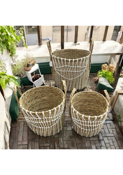 Natelie - 3'lü Hasır Makromeli Sele Saksılık Seti Beyaz - 80