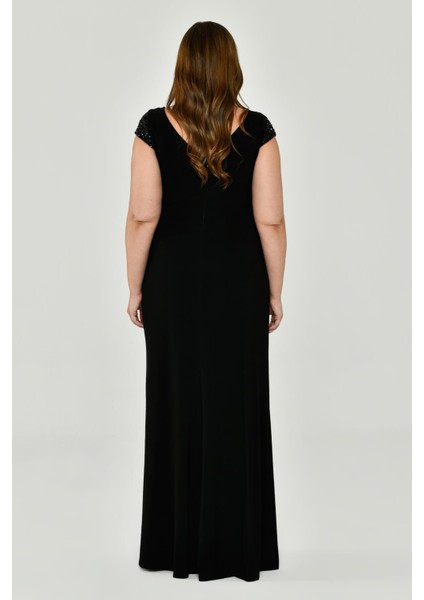 V Yaka Kısa Kollu Aksesuarlı Yırtmaçlı Uzun Abiye Elbise Alfabeta modelleri