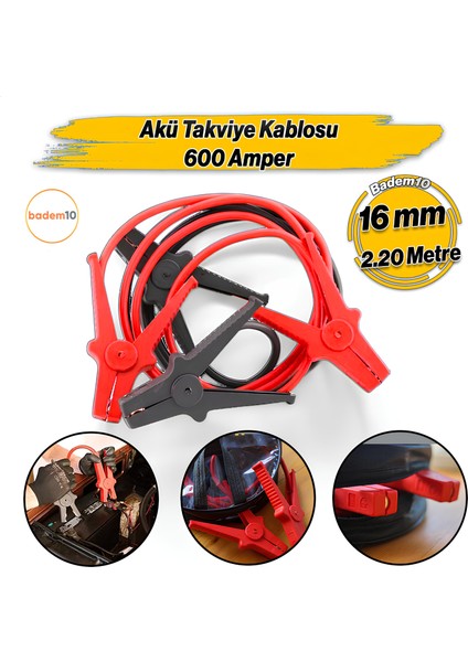 600 Amper Akü Takviye Kablosu 2.2 Metre 16MM² Kalınlık 6V/12/24V Araç Araba Oto Akümülatör Sarj Şarj