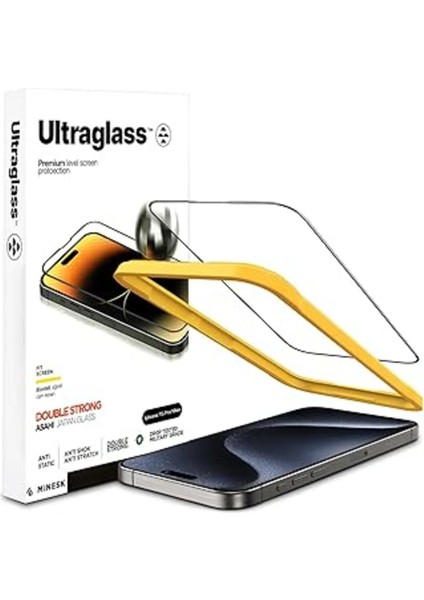 Minesk Apple iPhone 15 Pro Max Için Super Güçlü Çizilmeye ve Darbeye Dayanıklı Hizalama Aparatlı Yüksek K
