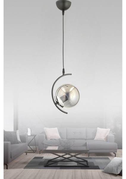 Füme Camlı Evren Tekli Sarkıt, Metal Materyalli, 22x16 Boyut, Modern Antre ve Genç Odası Avizesi