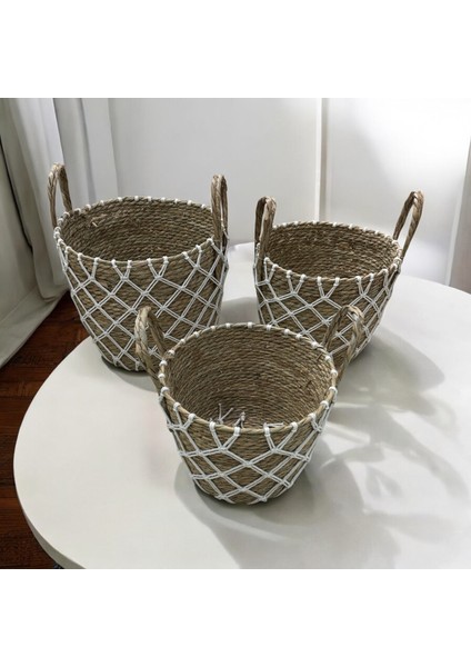 Natelie - 3'lü Hasır Makromeli Sele Saksılık Seti Beyaz - 67