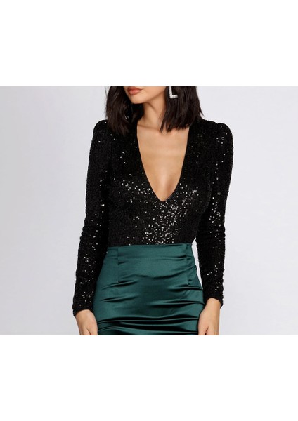 Kadın Siyah V Yaka Payet Bodysuit