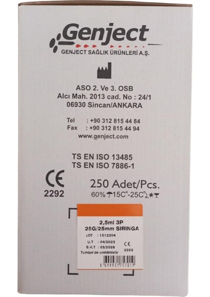 - 2.5 ml 3p 25G Turuncu 25 mm Aşı Enjektörü - 250 Adet