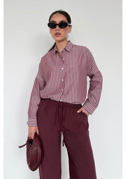 Bordo Çizgili Kadın Gömlek MG2410