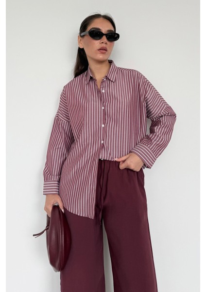 Bordo Çizgili Kadın Gömlek MG2410 fiyatları