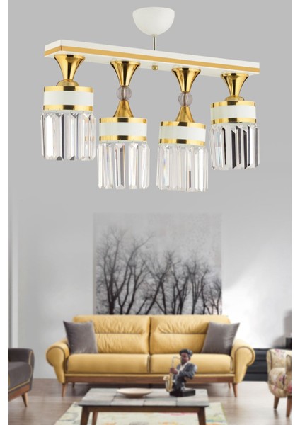 Derin 4 Lü Kristal Taşlı Caka Beyaz Gold Yaldız Lüks Modern Avize