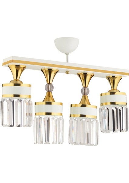 Derin 4 Lü Kristal Taşlı Caka Beyaz Gold Yaldız Lüks Modern Avize