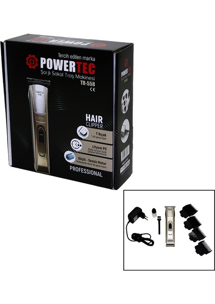 Powertec TR-558 Şarjlı Saç Sakal Ense Çizim Traş Makinesi T Bıçak (5064)