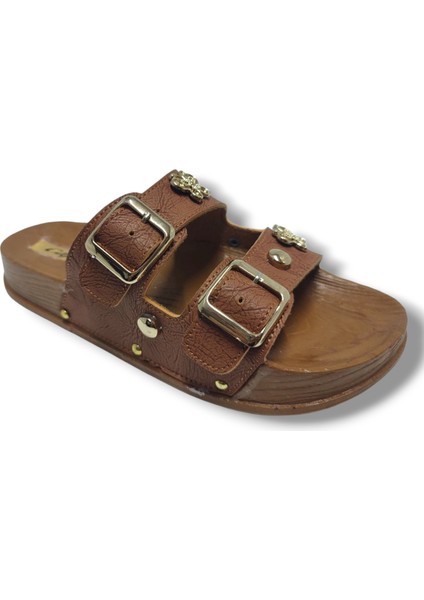 9001-25 Deri Çift Bant Tokalı Kadın Terlik