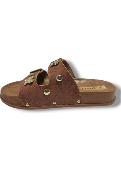 9001-25 Deri Çift Bant Tokalı Kadın Terlik modelleri