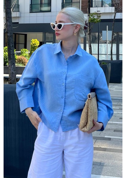 Mavi Çizgili Oversize Kadın Gömlek MG2093