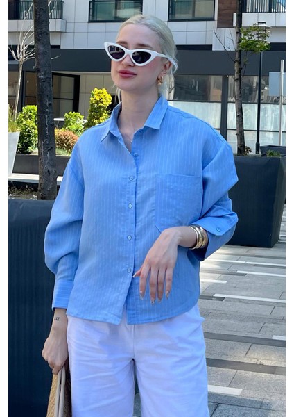 Mavi Çizgili Oversize Kadın Gömlek MG2093 fiyatları