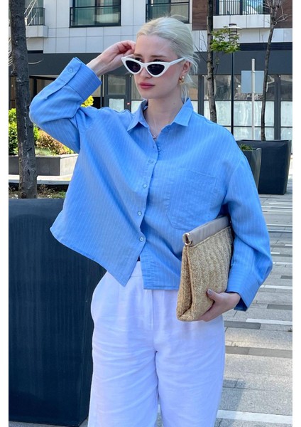 Mavi Çizgili Oversize Kadın Gömlek MG2093 indirimleri