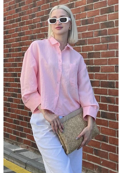 Pembe Çizgili Oversize Kadın Gömlek MG2093 modelleri