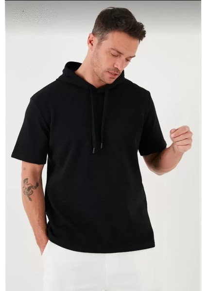 Kapşonlu Kısa Kol Düz Oversize T-Shirt - Siyah