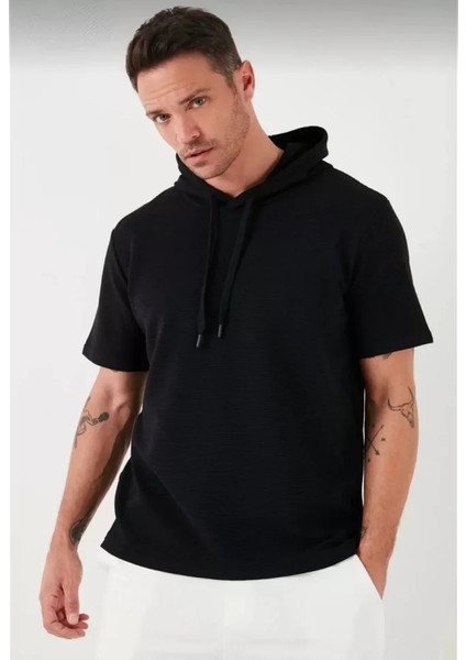 Kapşonlu Kısa Kol Düz Oversize T-Shirt - Siyah