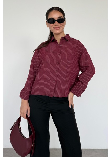 Bordo Çizgili Oversize Kadın Gömlek MG2093