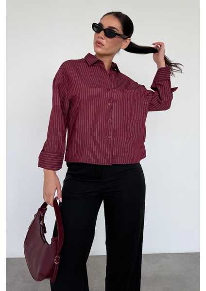 Bordo Çizgili Oversize Kadın Gömlek MG2093 fiyatları
