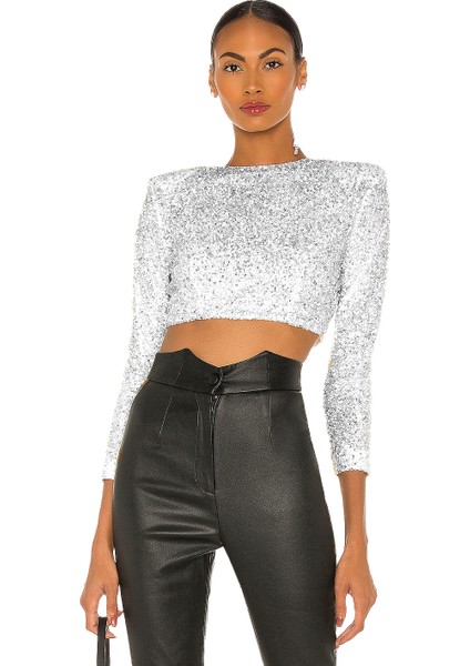 Kadın gümüş payet crop top