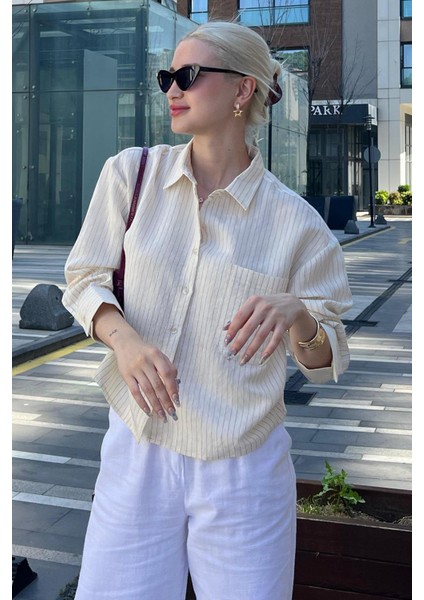 Ekru Çizgili Oversize Kadın Gömlek MG2093