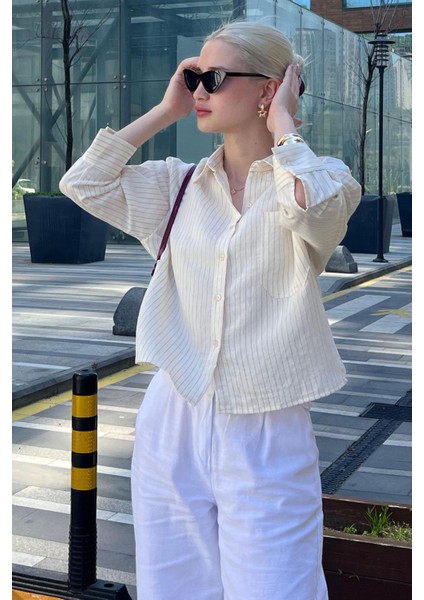 Ekru Çizgili Oversize Kadın Gömlek MG2093 fiyatları