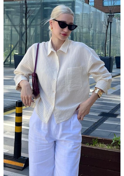 Ekru Çizgili Oversize Kadın Gömlek MG2093 indirimleri