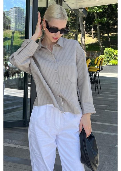 Gri Çizgili Oversize Kadın Gömlek MG2093