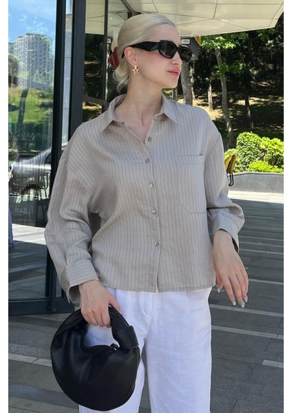 Gri Çizgili Oversize Kadın Gömlek MG2093