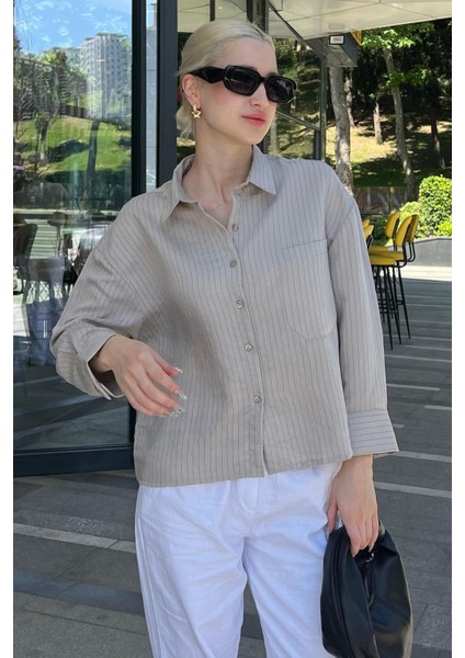 Gri Çizgili Oversize Kadın Gömlek MG2093