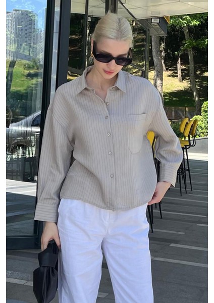 Gri Çizgili Oversize Kadın Gömlek MG2093