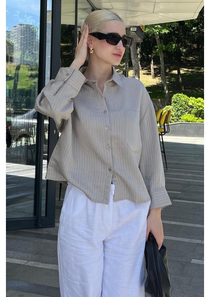 Gri Çizgili Oversize Kadın Gömlek MG2093