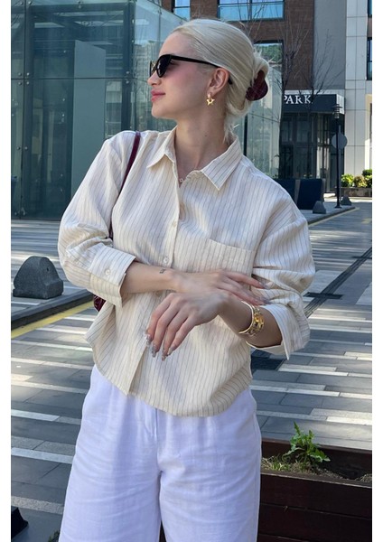 Ekru Çizgili Oversize Kadın Gömlek MG2093 modelleri