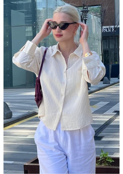 Ekru Çizgili Oversize Kadın Gömlek MG2093 fırsatları