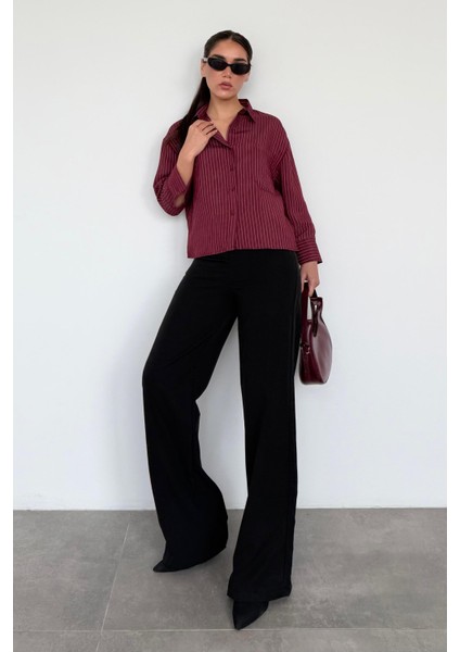 Bordo Çizgili Oversize Kadın Gömlek MG2093 modelleri